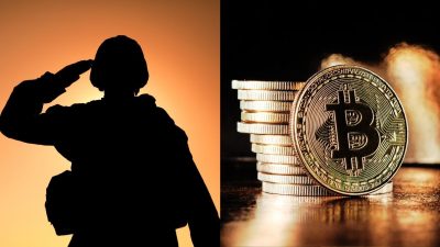 Bitcoins ao lado de um militar