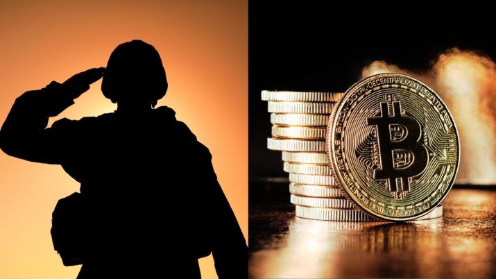 Bitcoins ao lado de um militar