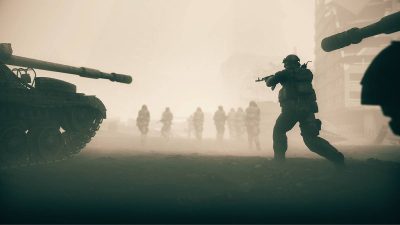 Imagem desfoacda de tanques de guerra e soldados armados em um campo de batalha