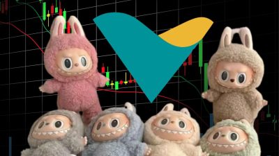 Montagem traz um gráfico de bolsa de valores ao fundo, com imagens dos labubus e o símbolo da vale ao centro