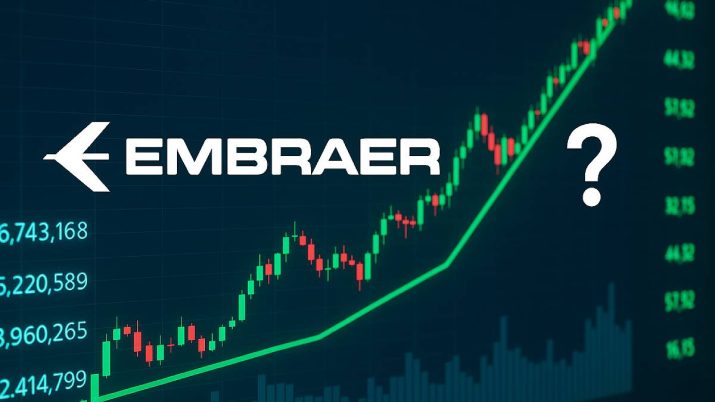 Imagem com gráfico de ações ao fundo, em tons escuros, com o logo da embraer em primeiro plano e um ponto de interrogação ao lado