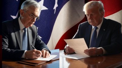 Montagem criada por IA mostra Jerome Powell escrevendo uma carta do lado esquerdo da imagem e Donald Trump lendo a carta, do lado direito. Ao fundo a bandeira dos EUA.