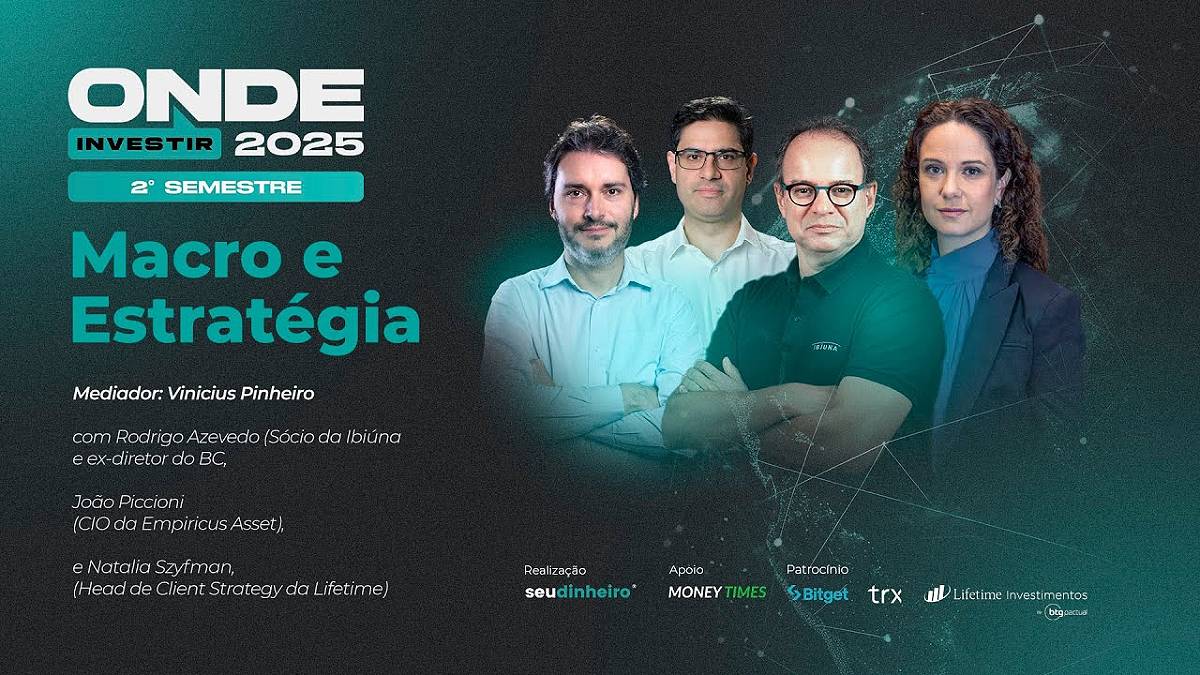 Imagem em fundo verde e preto com dois homens de braços cruzados e uma mulher ao fundo, com os dizeres: Onde Investir no Segundo Semestre de 2025 - Macro e estratégia