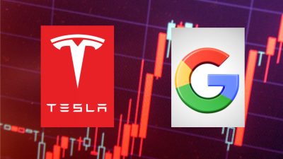 Fundo de gráfico de ações em vermelho com os logos da Tesla e do Google em primeiro plano