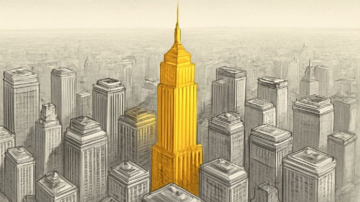 Ilustração de prédio dourado em destaque entre prédios cinzas representando oportunidade de investimento no mercado imobiliário