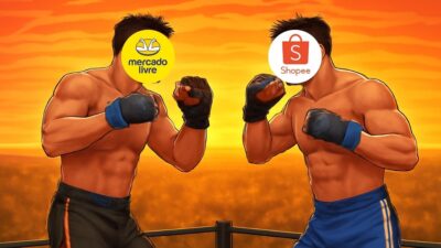 Imagem digital de uma luta de boxe no cenário de um pôr do sol. Dois boxeadores, representando Mercado Livre e Shopee, estão na arena. Ambos têm luvas de boxe, mas suas cabeças foram substituídas pelos logotipos das respectivas plataformas de e-commerce. O cenário está vibrante, com cores quentes do pôr do sol ao fundo, dando um tom de tensão ao confronto
