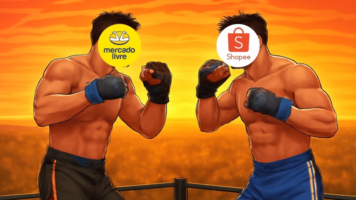Imagem digital de uma luta de boxe no cenário de um pôr do sol. Dois boxeadores, representando Mercado Livre e Shopee, estão na arena. Ambos têm luvas de boxe, mas suas cabeças foram substituídas pelos logotipos das respectivas plataformas de e-commerce. O cenário está vibrante, com cores quentes do pôr do sol ao fundo, dando um tom de tensão ao confronto
