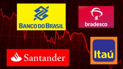 Montagem com fundo de gráfico de ações em vermelho e o logo de Banco do Brasil, Bradesco, Itaú e Santander em primeiro plano
