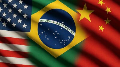 Imagem criada por IA com as bandeiras dos EUA, Brasil e China