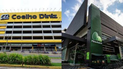 A imagem mostra duas lojas lado a lado. À esquerda, a fachada de uma loja com o nome "Coelho Diniz" em amarelo, destacando uma estrutura de prédio com garagens e bicicletas estacionadas. À direita, a fachada de uma loja do Pão de Açúcar, com a logo verde e uma estrutura moderna de vidro e metal, destacando a entrada e as prateleiras expostas