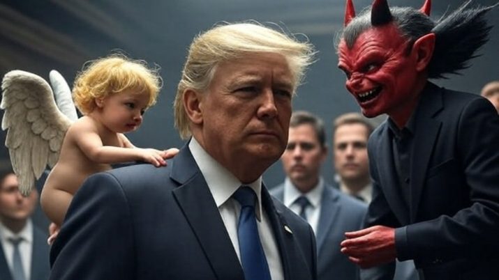 Donald Trump com um anjo no ombro do lado esquerdo e um demônio no lado direito.
