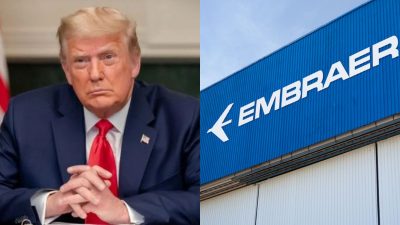 Foto dividida, parte com Donald Trump, ao lado esquerdo. No direito, uma foto do logo da Embraer, com letras brancas em fundo azul escuro.