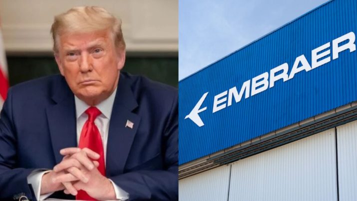 Foto dividida, parte com Donald Trump, ao lado esquerdo. No direito, uma foto do logo da Embraer, com letras brancas em fundo azul escuro.