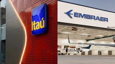 A imagem é uma montagem que contrasta duas grandes empresas brasileiras. No lado esquerdo, a fachada de um prédio moderno do Itaú, com sua icônica logomarca amarela e azul em relevo sobre uma parede de tom avermelhado com textura perfurada. No lado direito, o hangar da Embraer, exibindo a logomarca da empresa em azul sobre a parede branca. No interior do hangar, é possível ver a parte traseira de uma aeronave. A imagem juxtapõe os setores bancário e de aviação