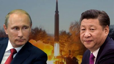 Montagem de Vladmir Putin e Xi Jinping a frente de um míssil hipersônico sendo lançado