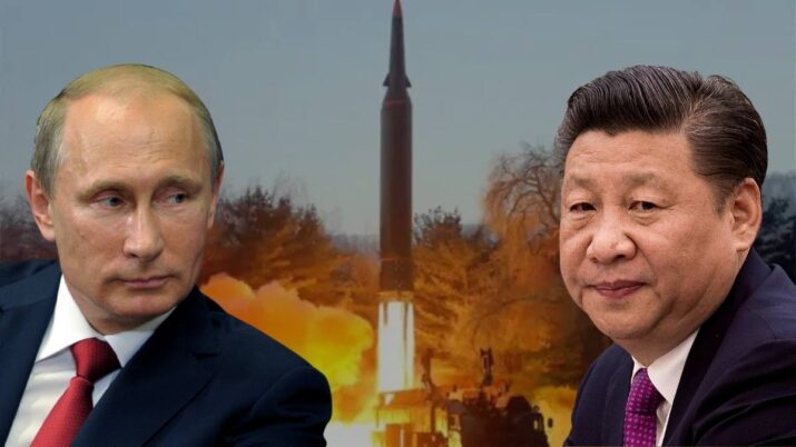 Montagem de Vladmir Putin e Xi Jinping a frente de um míssil hipersônico sendo lançado
