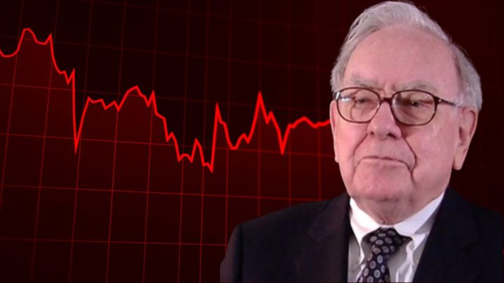 Montagem com um gráfico de ações em vermelho e Warren Buffett no primeiro plano.