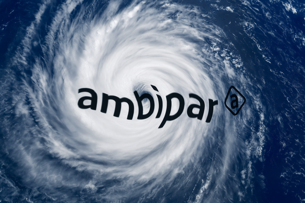 Logo da Ambipar (AMBP3) num furacão