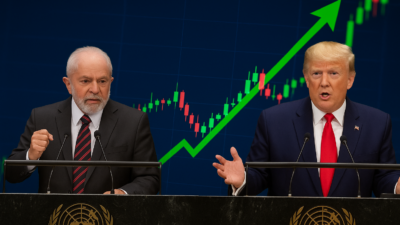 Os presidentes Lula e Trump, com gráfico ao fundo