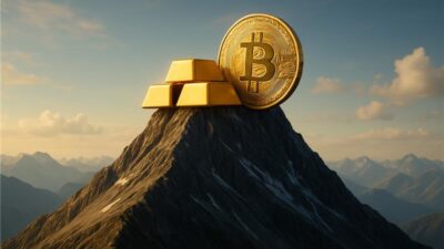 Bitcoin; ouro; montanhas