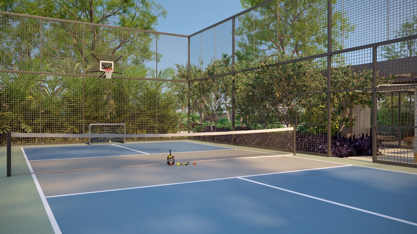 A quadra de pickleball no Casa Jobim, em Curitiba, também permite a prática de outros esportes, como o basquete