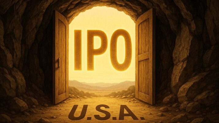 Imagem criada por inteligência artificial mostra a porta de uma caverna aberta, com os dizeres "IPO USA"