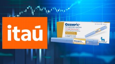 Imagem traz gráfico azul ao fundo, com o logo do Itaú do lado esquerdo e o do Ozempic do lado direito