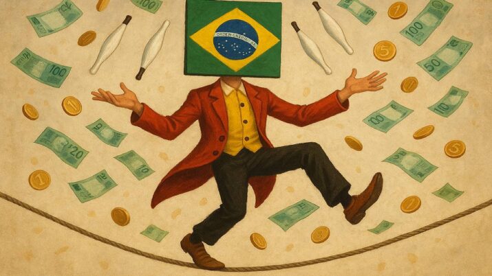Imagem gerada do IA mostra um malabarista em uma corda bamba. No lugar do rosto, a bandeira do Brasil. Moedas e cédulas caem do céu.