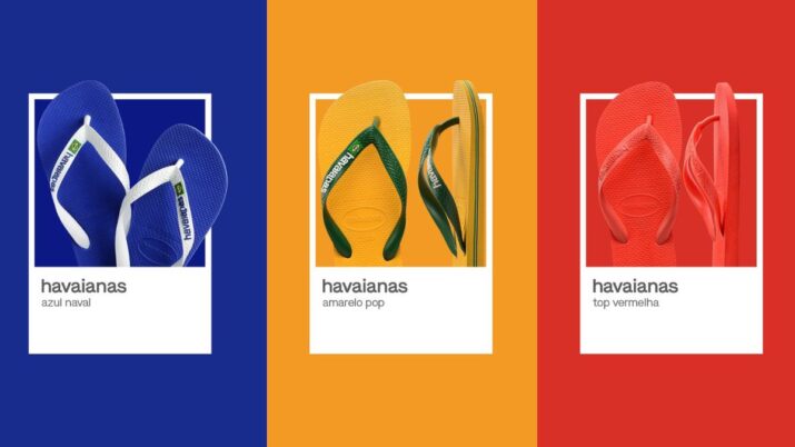 Imagem publicitária das sandálias Havaianas em três cores diferentes: à esquerda, modelo azul naval sobre fundo azul; no centro, modelo amarelo pop com tiras verdes sobre fundo amarelo; e à direita, modelo top vermelha sobre fundo vermelho. Cada par aparece centralizado em moldura branca com o nome da cor destacado abaixo