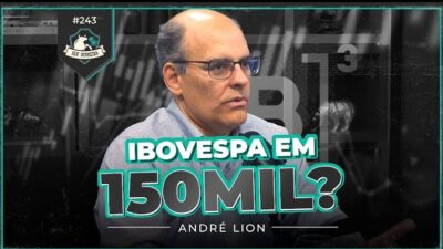 Imagem traz fundo desfocado em preto e branco do logo da B3 e de gráficos do mercado. Em primeiro plano, a pergunta: Ibovespa em 150 mil? e André Lion, da Ibiuna, ao centro.