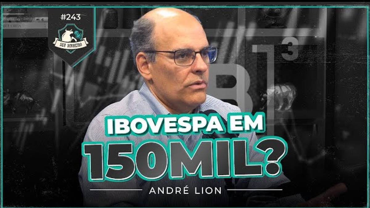 Imagem traz fundo desfocado em preto e branco do logo da B3 e de gráficos do mercado. Em primeiro plano, a pergunta: Ibovespa em 150 mil? e André Lion, da Ibiuna, ao centro.