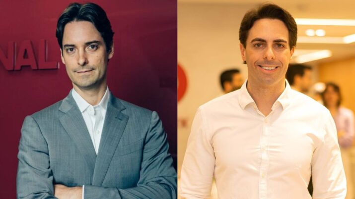 Díptico de retrato com dois executivos de construção civil. À esquerda, Ricardo Gontijo, CEO da Direcional, aparece em um fundo vermelho escuro, vestindo um terno cinza de dois botões e uma camisa social branca. Ele está com os braços cruzados, tem cabelo escuro penteado para trás, e olha diretamente para a câmera com uma expressão séria. À direita, Diego Villar, CEO da Moura Dubeux, está em um ambiente interno mais claro, possivelmente um escritório com outras pessoas desfocadas ao fundo. Ele usa uma camisa social branca, sem gravata, tem cabelo escuro penteado, e sorri levemente para a câmera. Os dois retratos são unidos verticalmente, destacando os líderes de duas grandes incorporadoras brasileiras