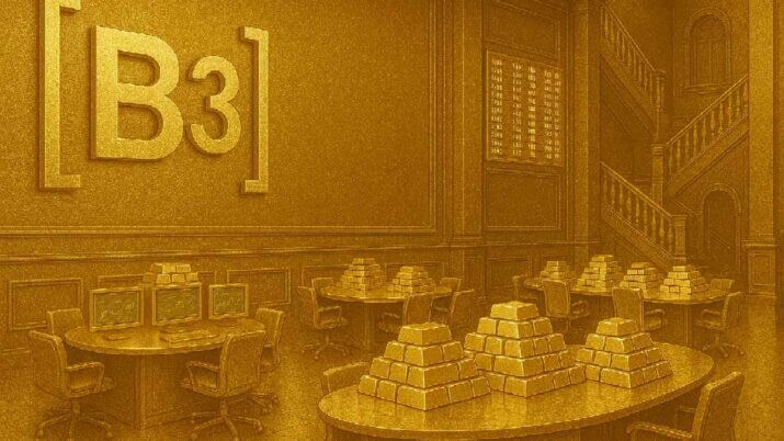 Imagem criada por Inteligência artificial que mostra a bolsa brasileira, a B3, toda feita de ouro, com barras de ouro nas mesas de negociação