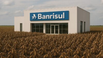 Imagem gerada por inteligência artificial mostra o banco gaúcho Banrisul em meio a uma plantação de soja seca e murcha
