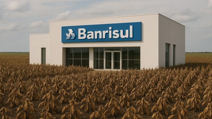 Imagem gerada por inteligência artificial mostra o banco gaúcho Banrisul em meio a uma plantação de soja seca e murcha