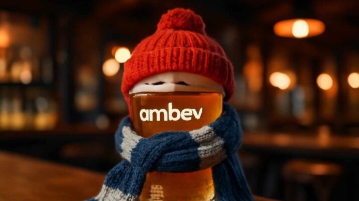 Copo de cerveja da Ambev em bar, usando gorro e cachecol, com frio