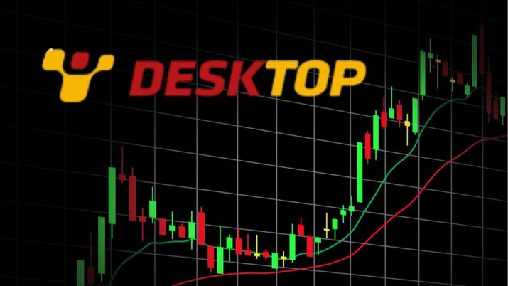 Montagem de um gráfico de ações em fundo preto com o logo da Desktop em vermelho e amarelho