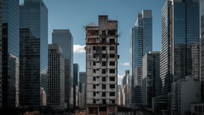 Imagem gerada por inteligência artificial: representação de São Paulo com um edifício em ruína