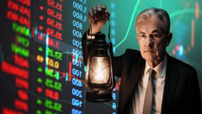 Montagem traz um gráfico de ações colorido de fundo, com o presidente do Federal Reserve, Jerome Powell, em primeiro plano. Ele veste terno e segura uma lanterna.