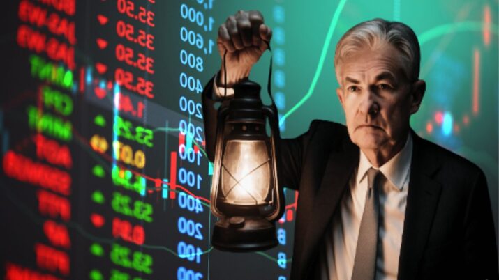 Montagem traz um gráfico de ações colorido de fundo, com o presidente do Federal Reserve, Jerome Powell, em primeiro plano. Ele veste terno e segura uma lanterna.