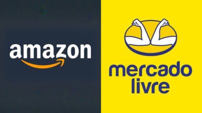 **Alt text (para SEO no Google):** Logotipos da Amazon e do Mercado Livre lado a lado — o da Amazon com fundo azul-escuro e o do Mercado Livre com fundo amarelo e símbolo de braços flexionados — representando a rivalidade entre as gigantes do e-commerce.