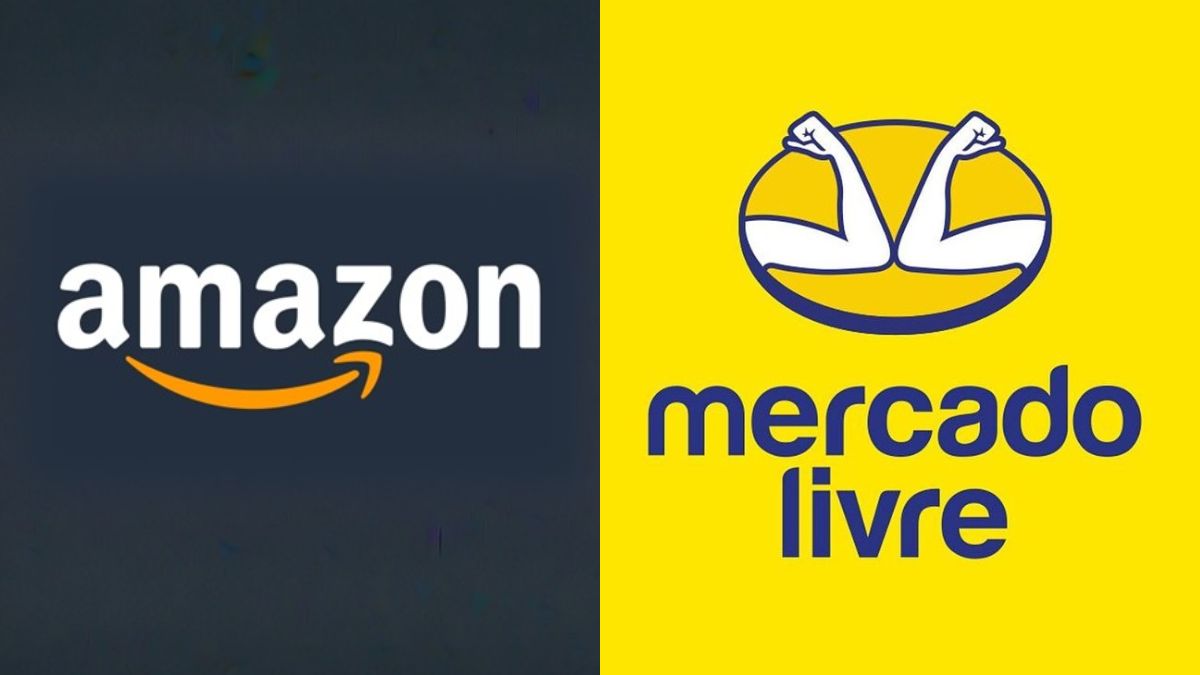 **Alt text (para SEO no Google):** Logotipos da Amazon e do Mercado Livre lado a lado — o da Amazon com fundo azul-escuro e o do Mercado Livre com fundo amarelo e símbolo de braços flexionados — representando a rivalidade entre as gigantes do e-commerce.