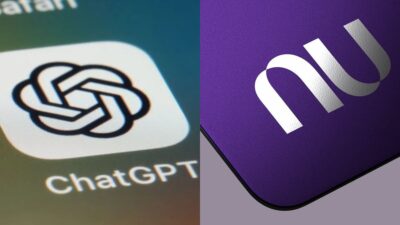 Ícones do ChatGPT e do Nubank em um fundo colorido, representando a interação entre inteligência artificial e serviços financeiros digitais
