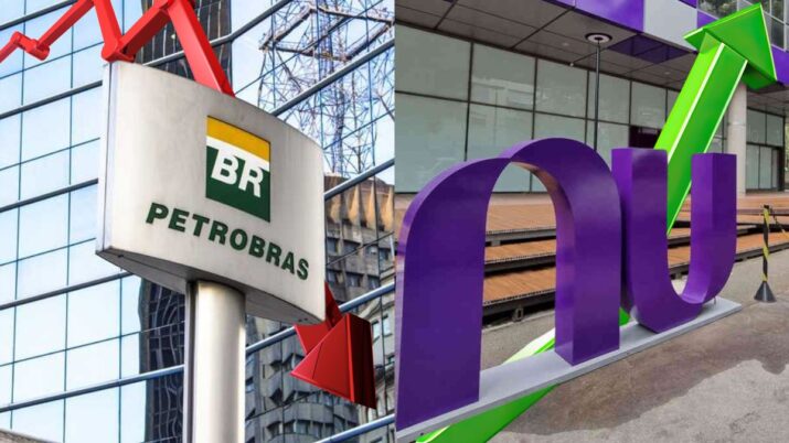 Imagem mostrando o logo da Petrobras com setas vermelhas apontando para baixo, simbolizando queda, e o logo do Nubank com setas verdes apontando para cima, representando crescimento, em contraste entre as duas empresas.