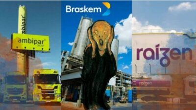 Montagem com imagens da Ambipar, Braskem e Raízen, com quadro O Grito de Edvard Munch