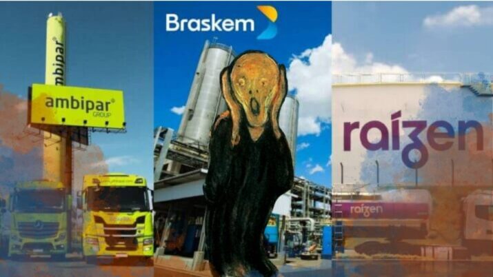 Montagem com imagens da Ambipar, Braskem e Raízen, com quadro O Grito de Edvard Munch