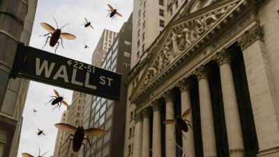 Imagem gerada por Inteligência Artificial que mostra baratas sobrevoando Wall Street, perto de Bolsas de Valores, nos Estados Unidos