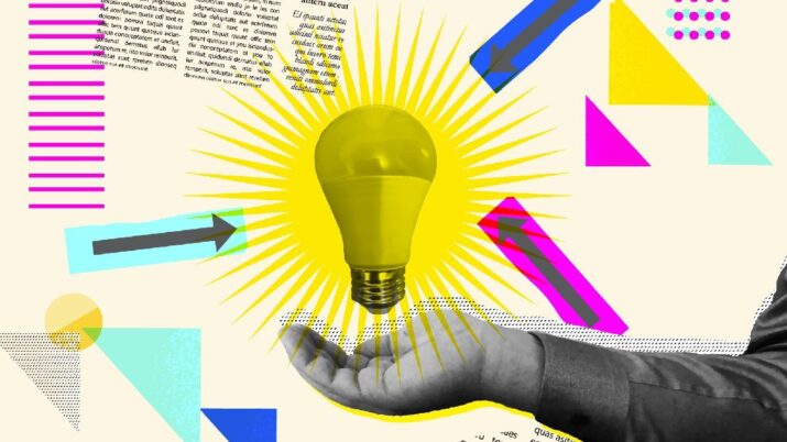 Mão segurando lâmpada acesa simbolizando brainstorm, inovação e novas ideias