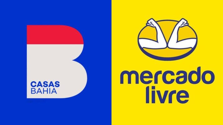 Logos lado a lado das varejistas Casas Bahia e Mercado Livre. À esquerda, o símbolo azul, vermelho e branco da Casas Bahia; à direita, o logotipo amarelo e azul do Mercado Livre, com dois braços flexionados em forma de aperto de mãos