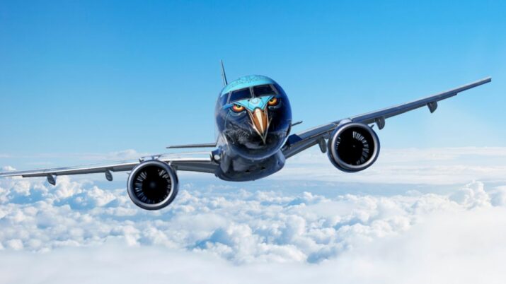 Avião Embraer E195-E2 personalizado com pintura de águia no nariz da aeronave, voando acima das nuvens sob um céu azul claro